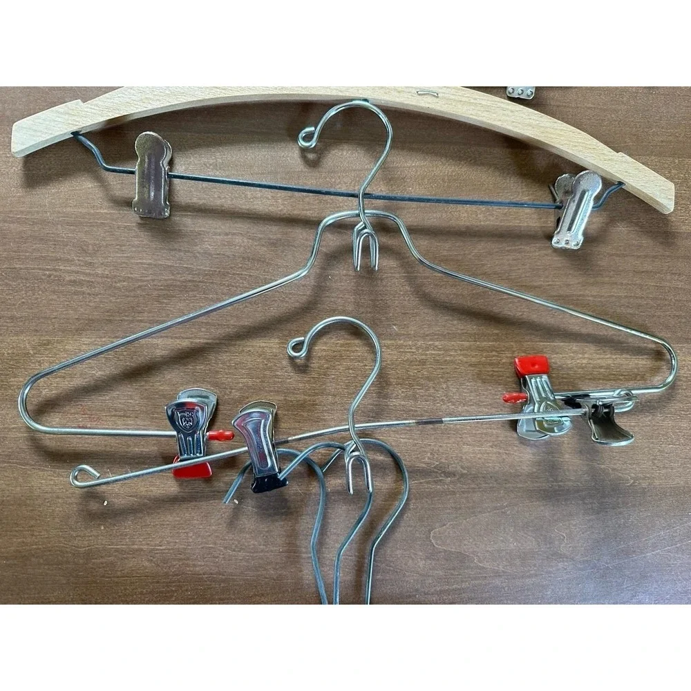11 Vintage Wood and Metal Clothes Hangers with Metal Clips, & Plastics